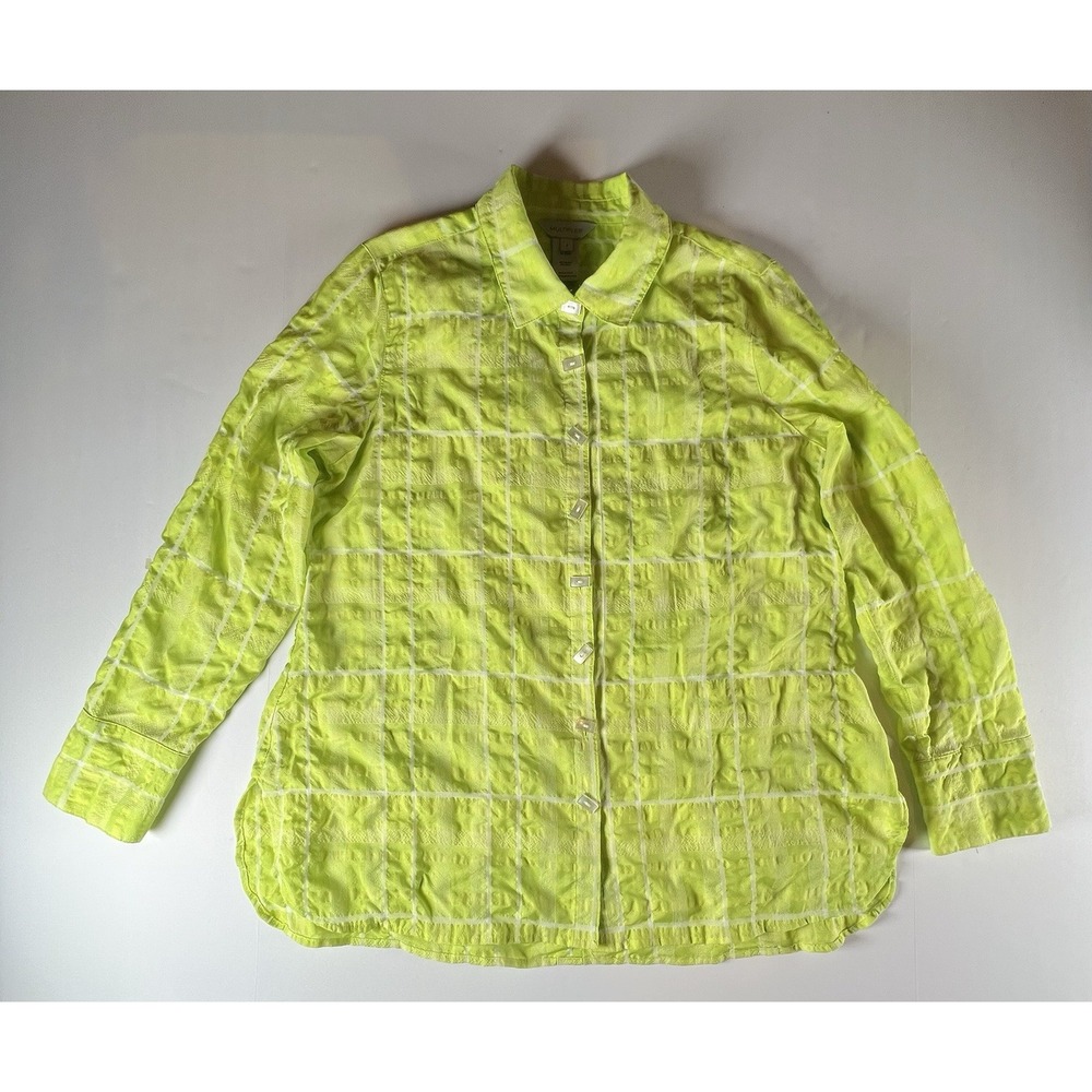 Multiples Plaid Lime Green Blouse Roll Tab‎ Sleeve Shell Button Up Shirt Size S